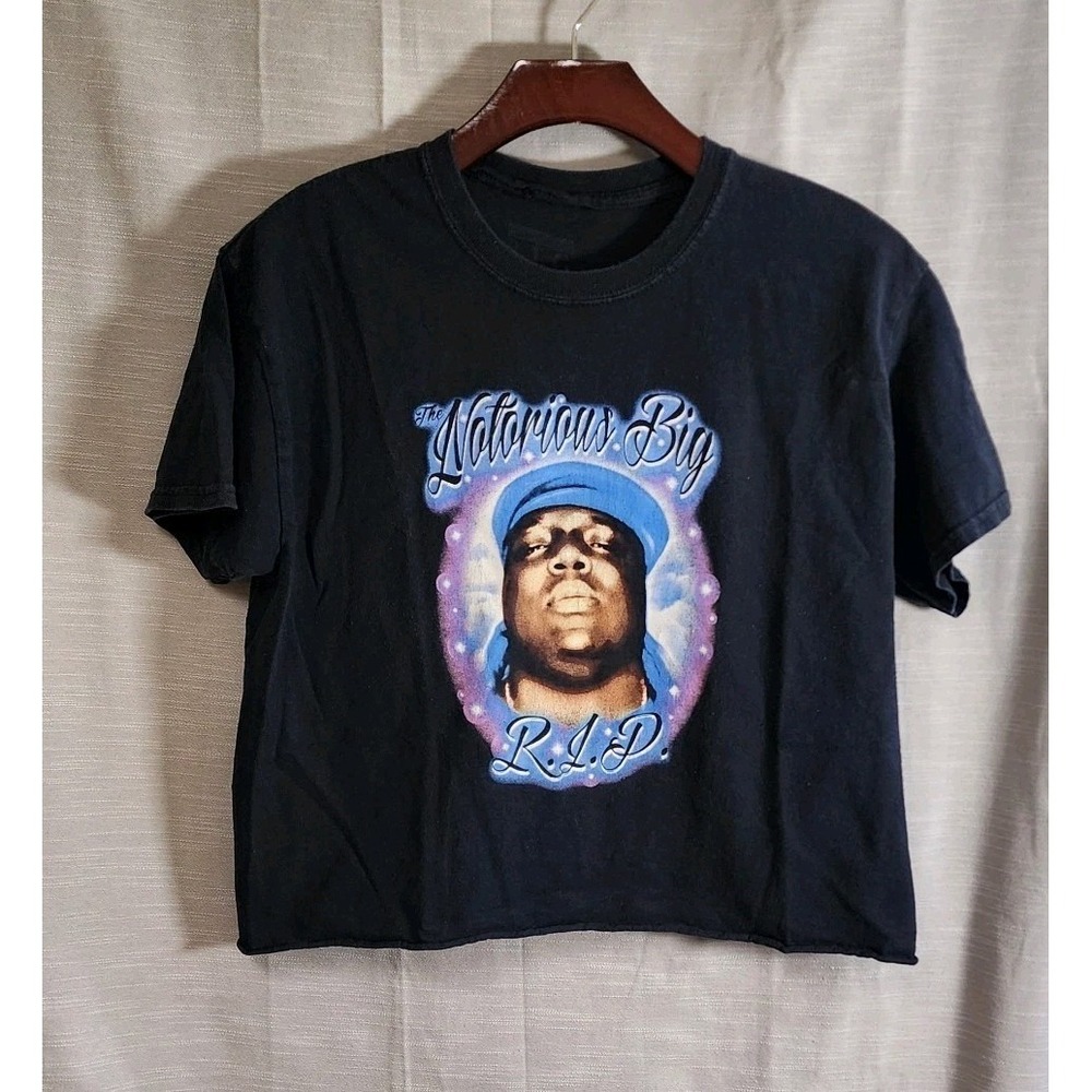 Women The Nortorious B.I.G. Black R.I.P Crop Rop Shirt Size Medium Small Hole